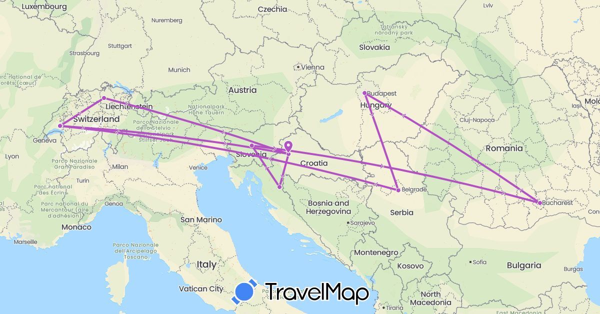 TravelMap itinerary: bus, train in Switzerland, Croatia, Hungary (Europe)